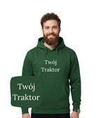Zielona bluza z kapturem z haftem 'Twój Traktor' - idealna na oryginalny prezent męski, haft komputerowy od 1 sztuki.