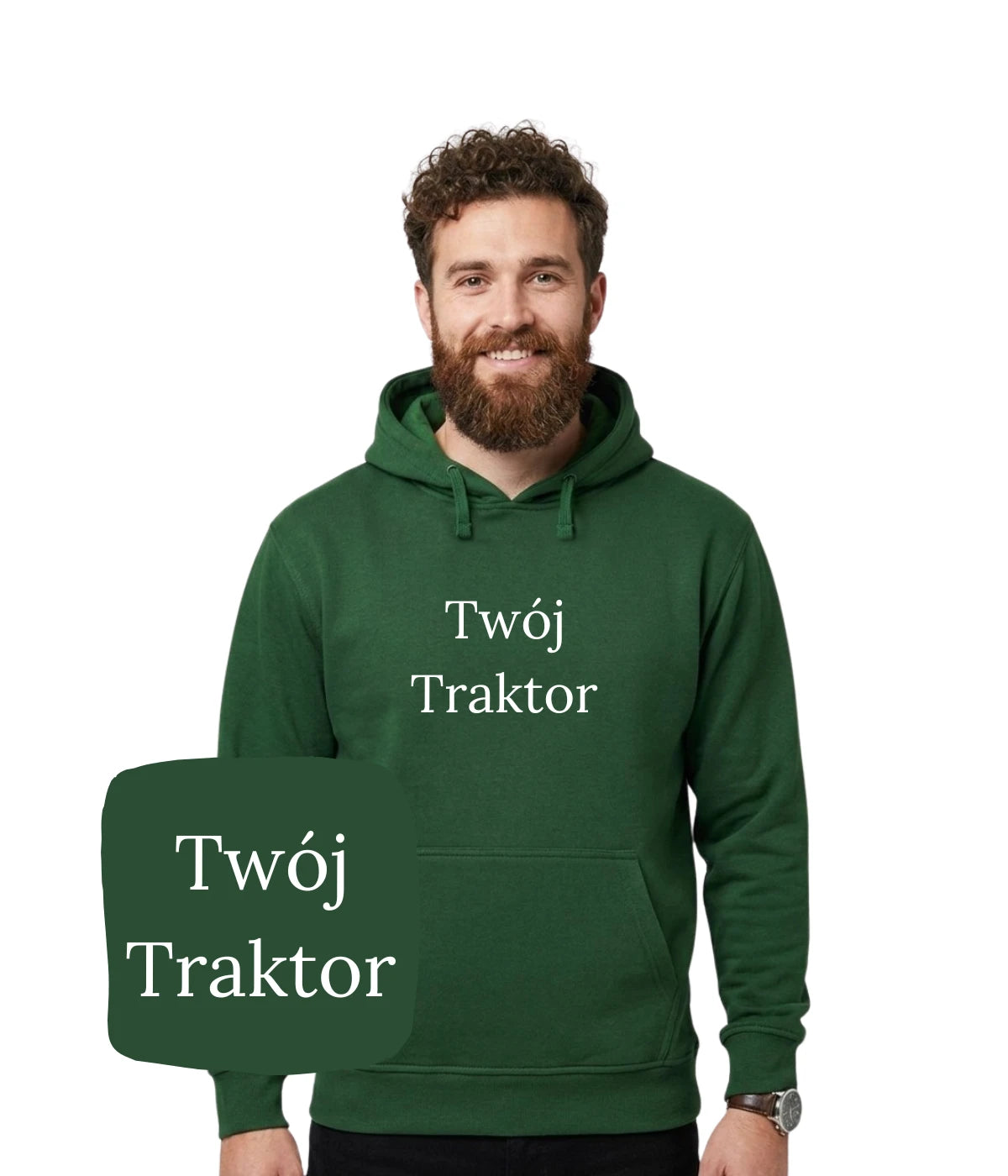 Zielona bluza z kapturem z haftem 'Twój Traktor' - idealna na oryginalny prezent męski, haft komputerowy od 1 sztuki.