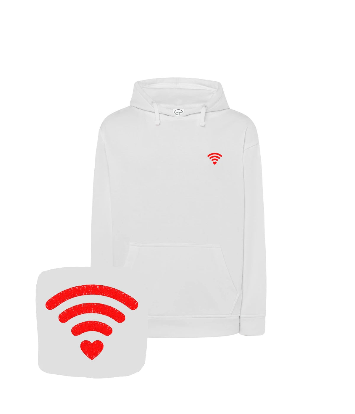 Biała bluza z haftem WiFi i sercem - wspaniały prezent na ślub z haftem komputerowym