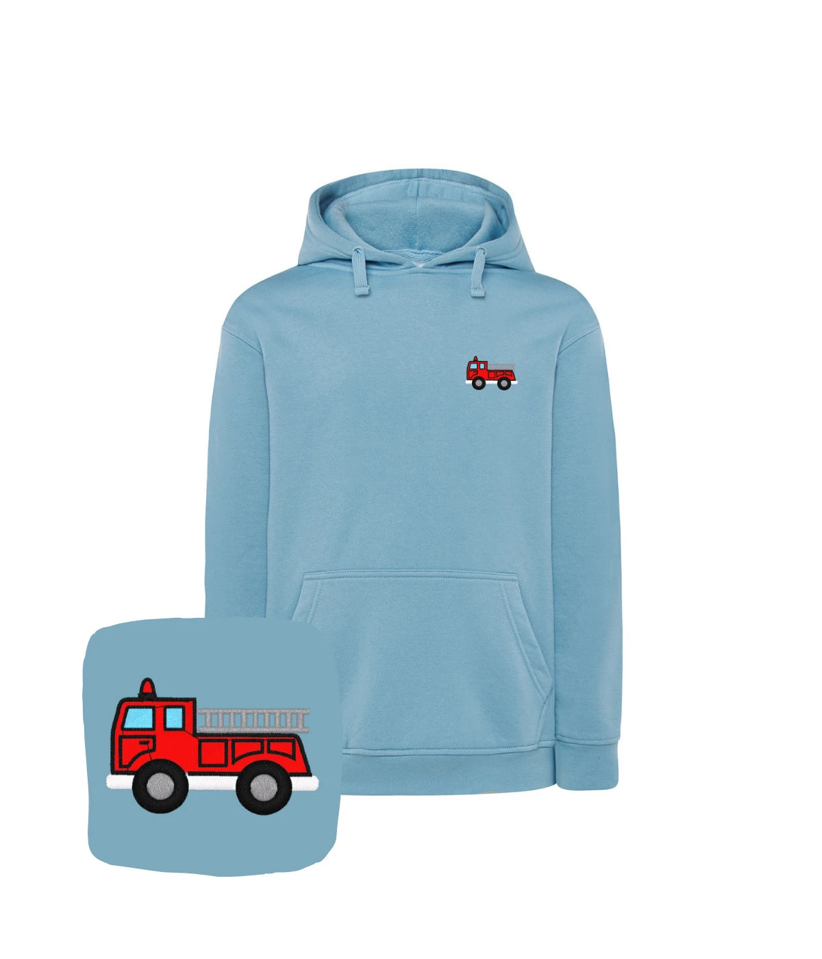 Błękitna bluza z haftem wozu strażackiego – idealny prezent dla dziecka z haftem komputerowym