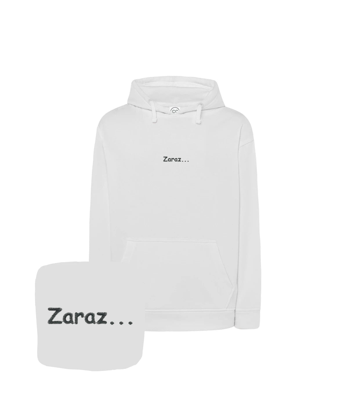 Biała bluza z haftem 'Zaraz...' - prezent dla minimalistów, haft komputerowy