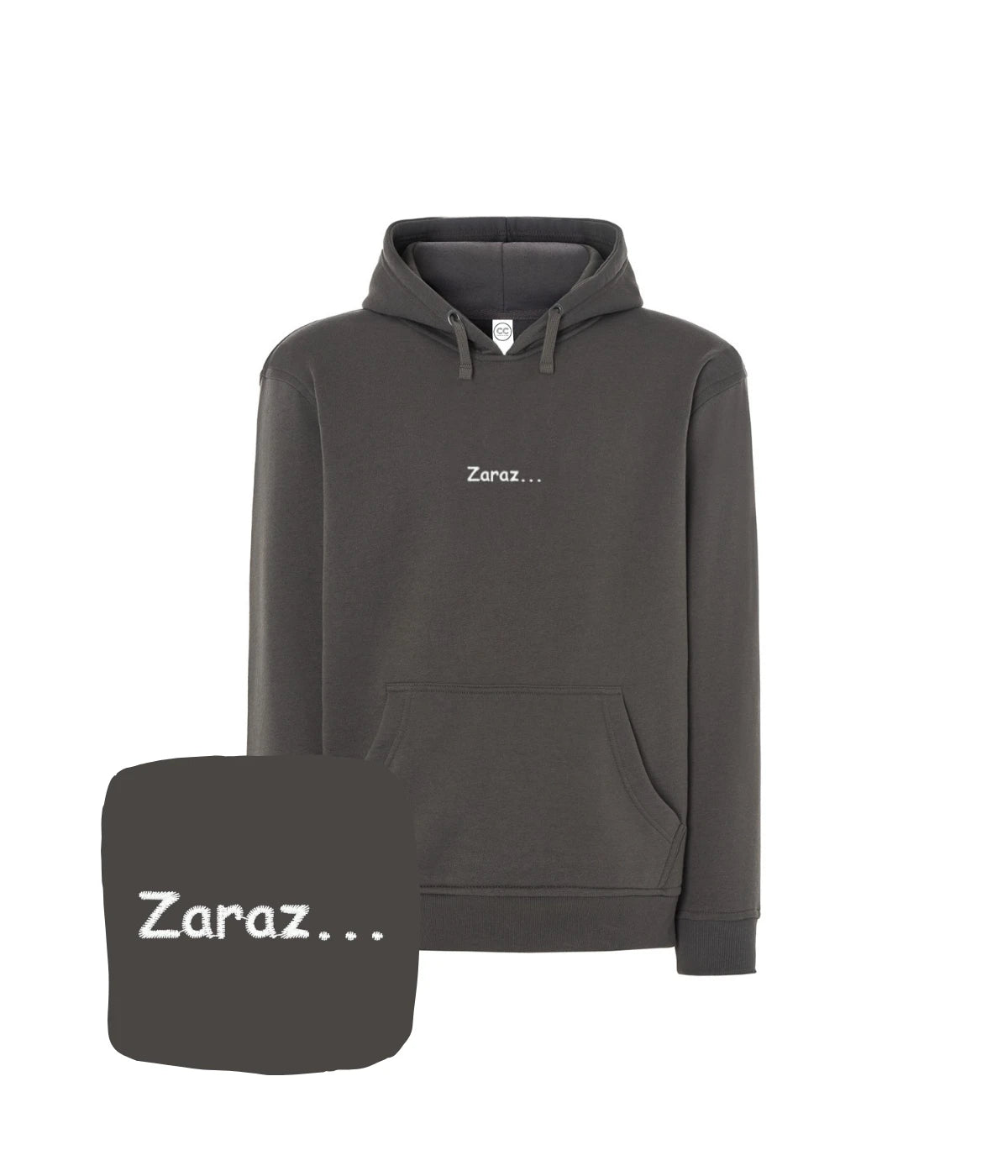 Ciemnoszara bluza z haftem 'Zaraz...' - idealna do stylu casual, haft komputerowy