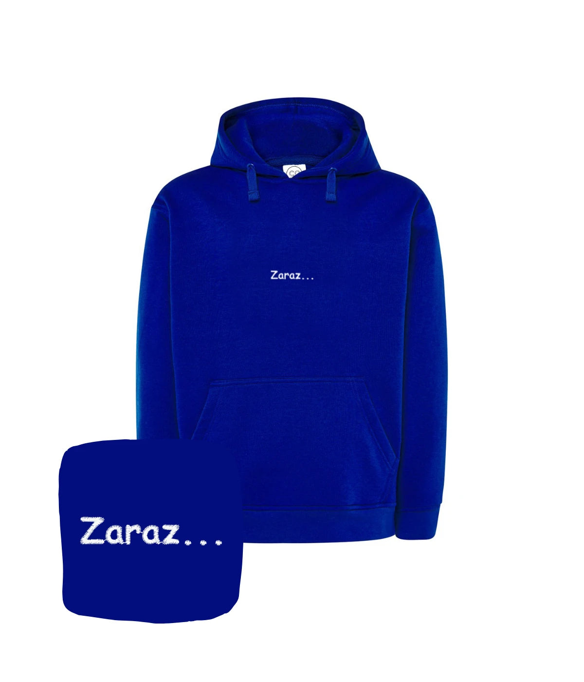 Kobaltowa bluza z haftem 'Zaraz...' - trendy prezent, haft komputerowy