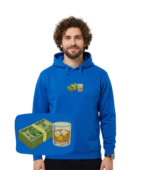 CustomClothes.pl blue sweatshirt with embroidered banknotes and whisky designs, casual and stylish apparel for everyday wear.