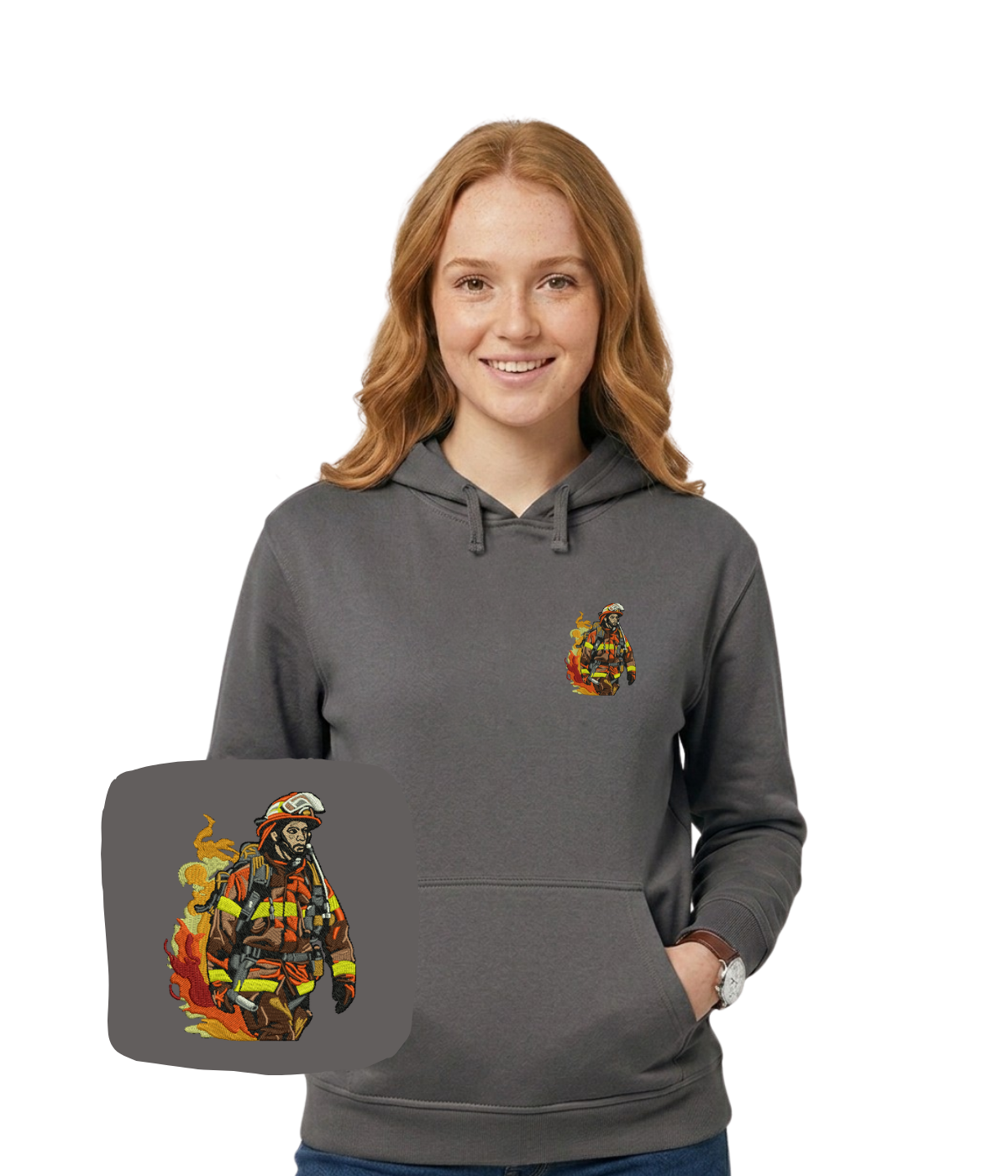 Blue sweatshirt with firefighter embroidery on the chest, featuring a custom design from CustomClothes.pl.