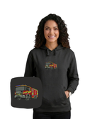 Red firefighter-themed hoodie with fire truck graphic from CustomClothes.pl, featuring a front zipper and ribbed cuffs.