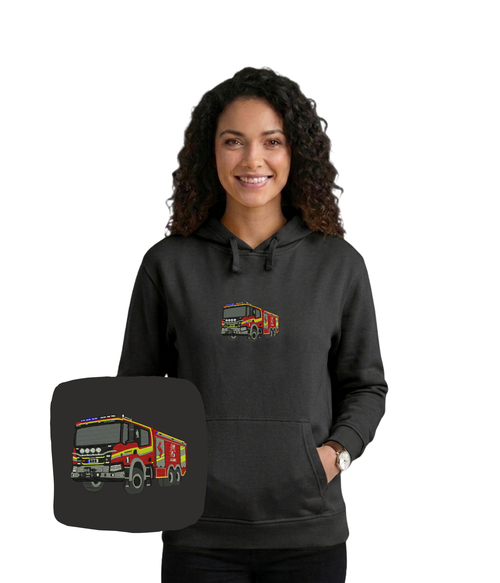 Red firefighter-themed hoodie with fire truck graphic from CustomClothes.pl, featuring a front zipper and ribbed cuffs.