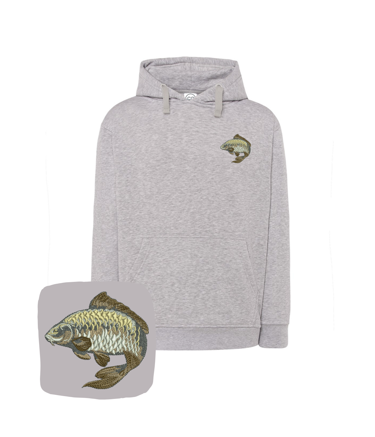 Blue hoodie with detailed carp embroidery, casual style, from CustomClothes.pl. Perfect for fishing enthusiasts.