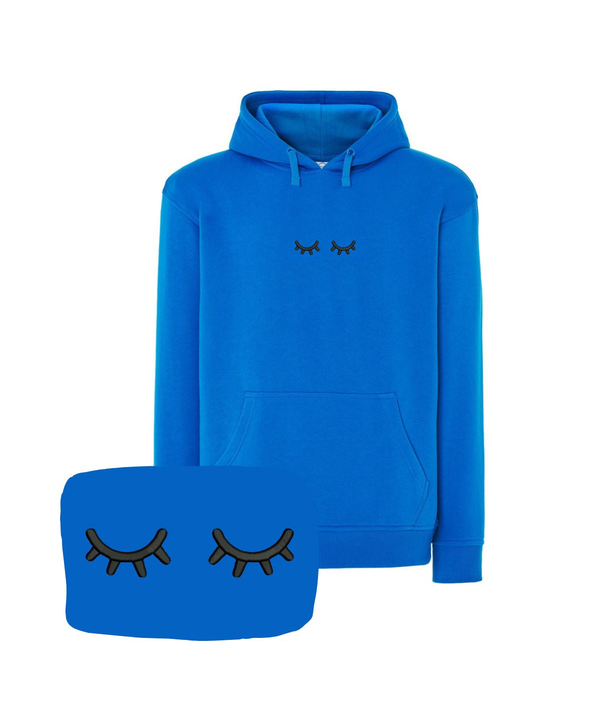 Blue hoodie with embroidered sleeping eyes design, casual style, from CustomClothes.pl, front view showcasing the detailed embroidery.