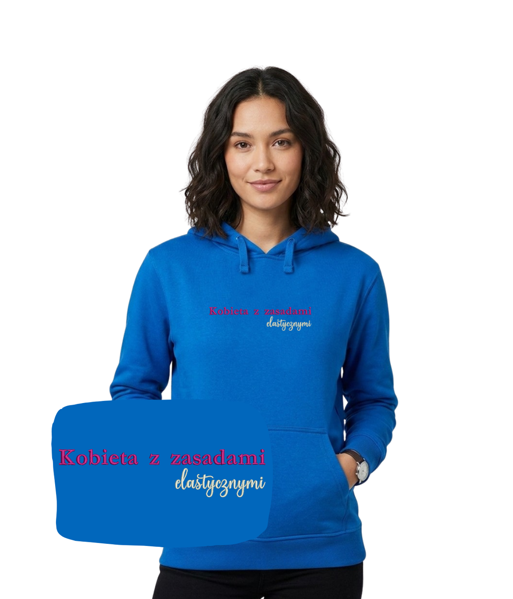 Women's customized blouse with embroidered design and elastic fabric, featuring a "kobieta z zasadami" phrase by CustomClothes.pl.