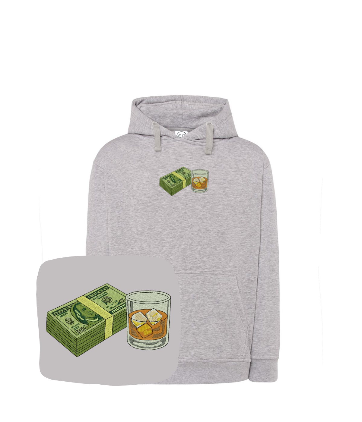 CustomClothes.pl hoodie with embroidered banknotes and whiskey design, featuring detailed stitching and vibrant colors.