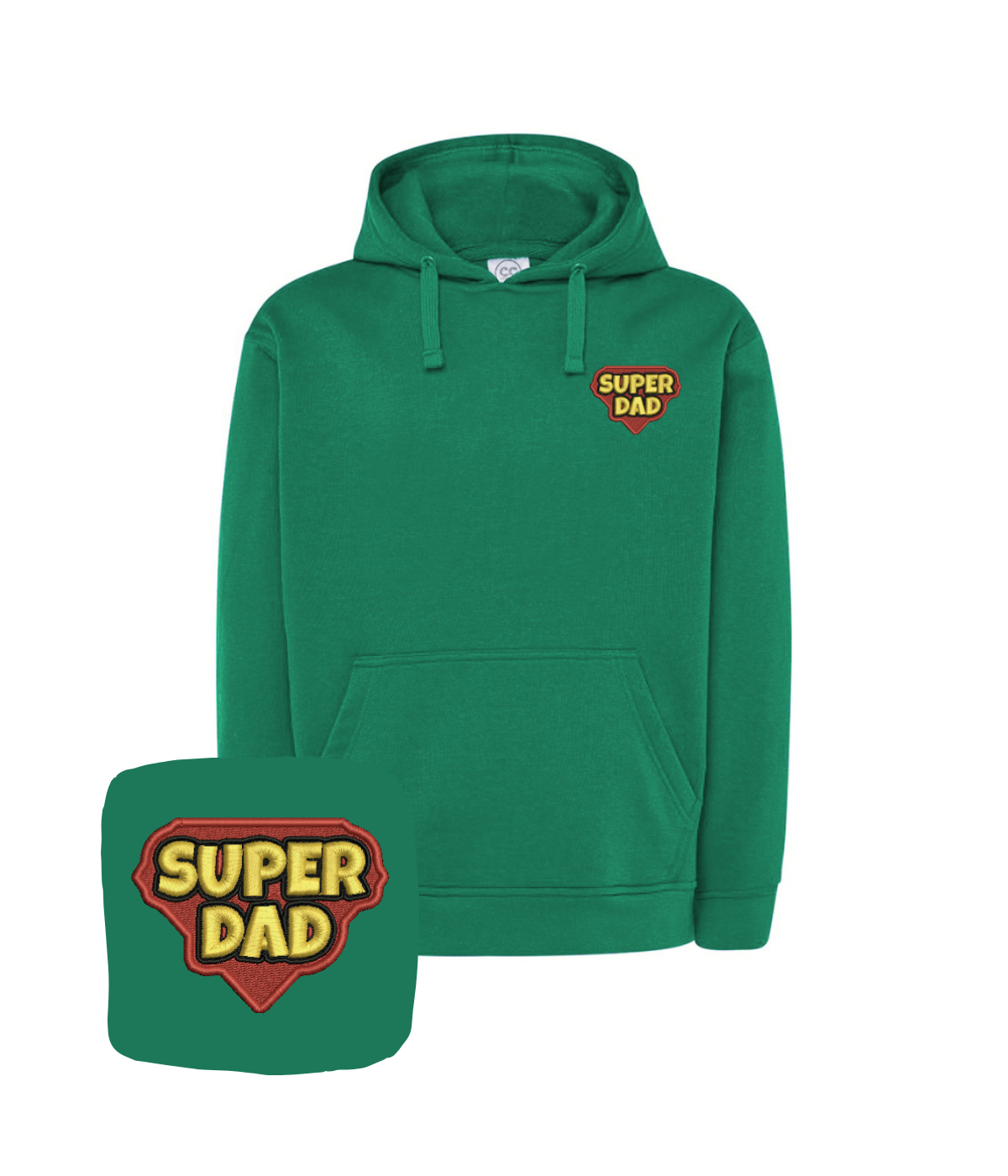 CustomClothes.pl men's hoodie with embroidered "Super Dad" design, casual blue sweatshirt for Father's Day celebration.