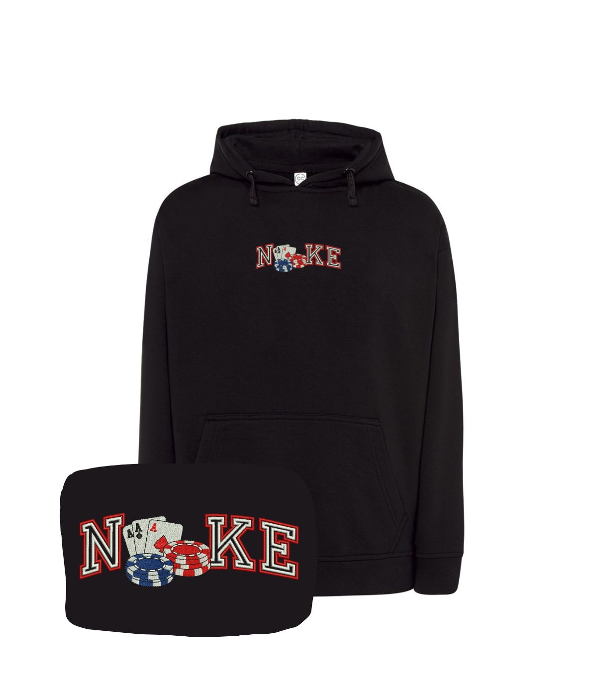 CustomClothes.pl blue hoodie with embroidered playing cards and chips design, casual comfortable sweatshirt for gaming enthusiasts