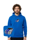 CustomClothes.pl skyline GTR-R34 embroidered hoodie featuring a detailed skyline and car design on a navy blue fabric.