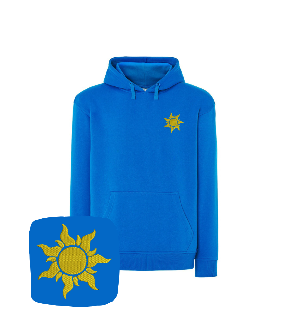 Blue hoodie with sunflower embroidery from CustomClothes.pl, featuring a vibrant sunflower design on the front.