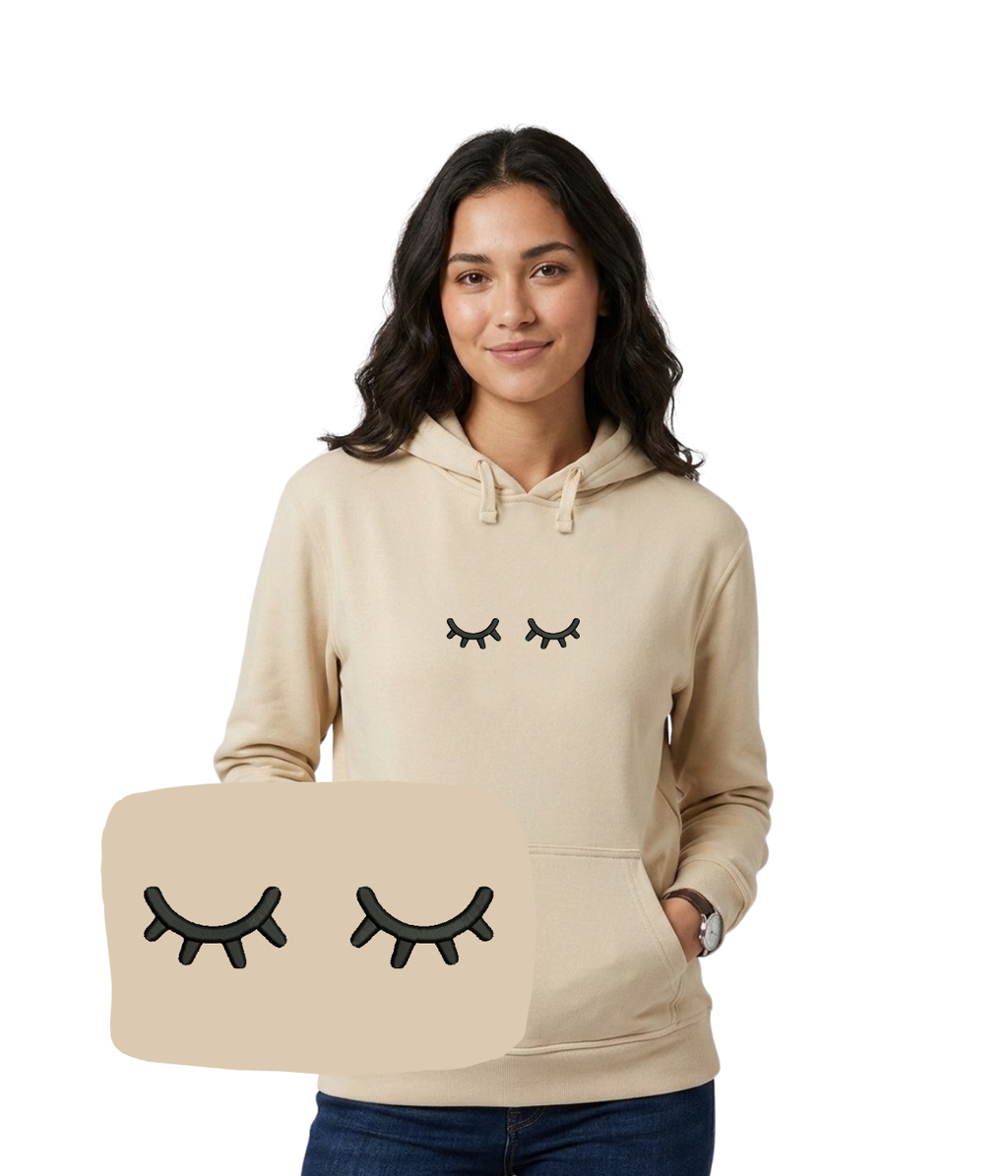 Blue hoodie with embroidered sleepy eye design, casual sweatshirt from CustomClothes.pl featuring a relaxed fit and soft fabric.