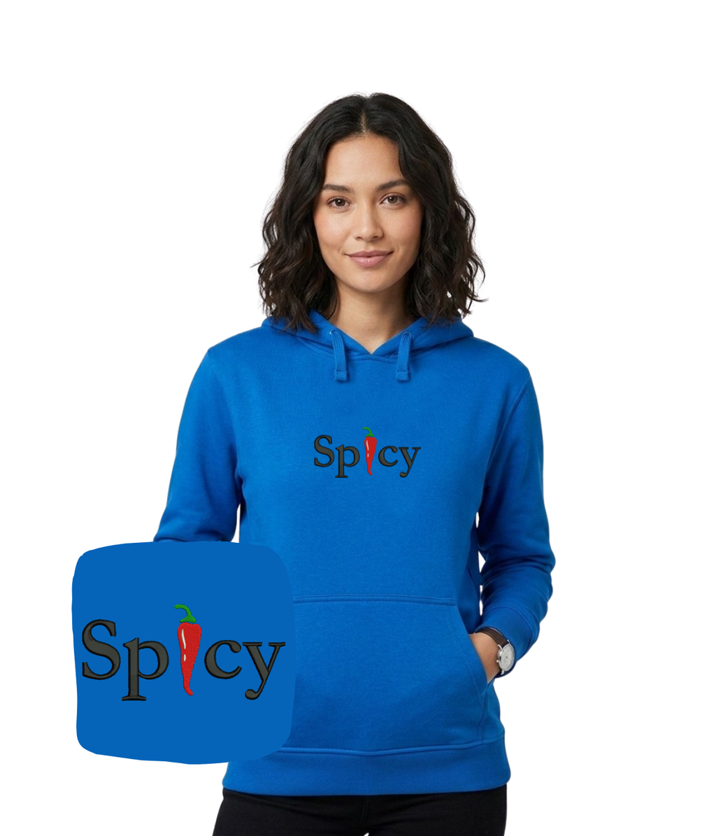 Spicy embroidered sweatshirt by CustomClothes.pl featuring intricate embroidery on a cozy blue hoodie.