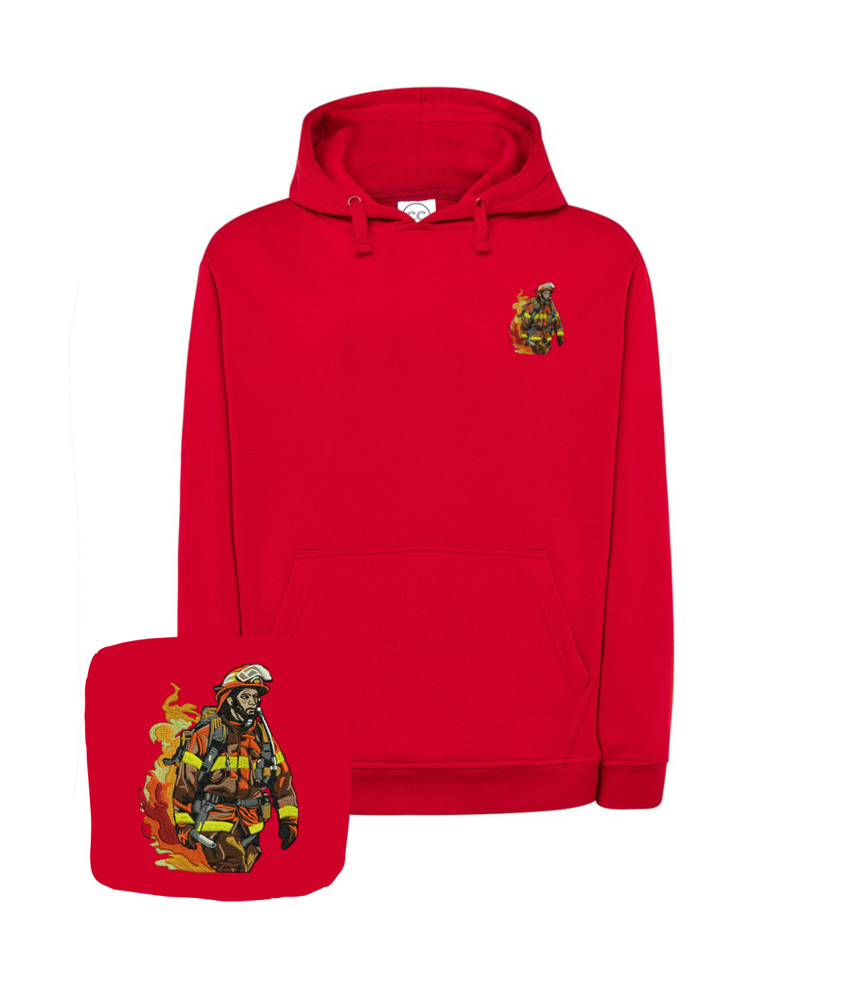 Red sweatshirt from CustomClothes.pl with firefighter emblem embroidery on the chest, casual long-sleeve hoodie for everyday wear.