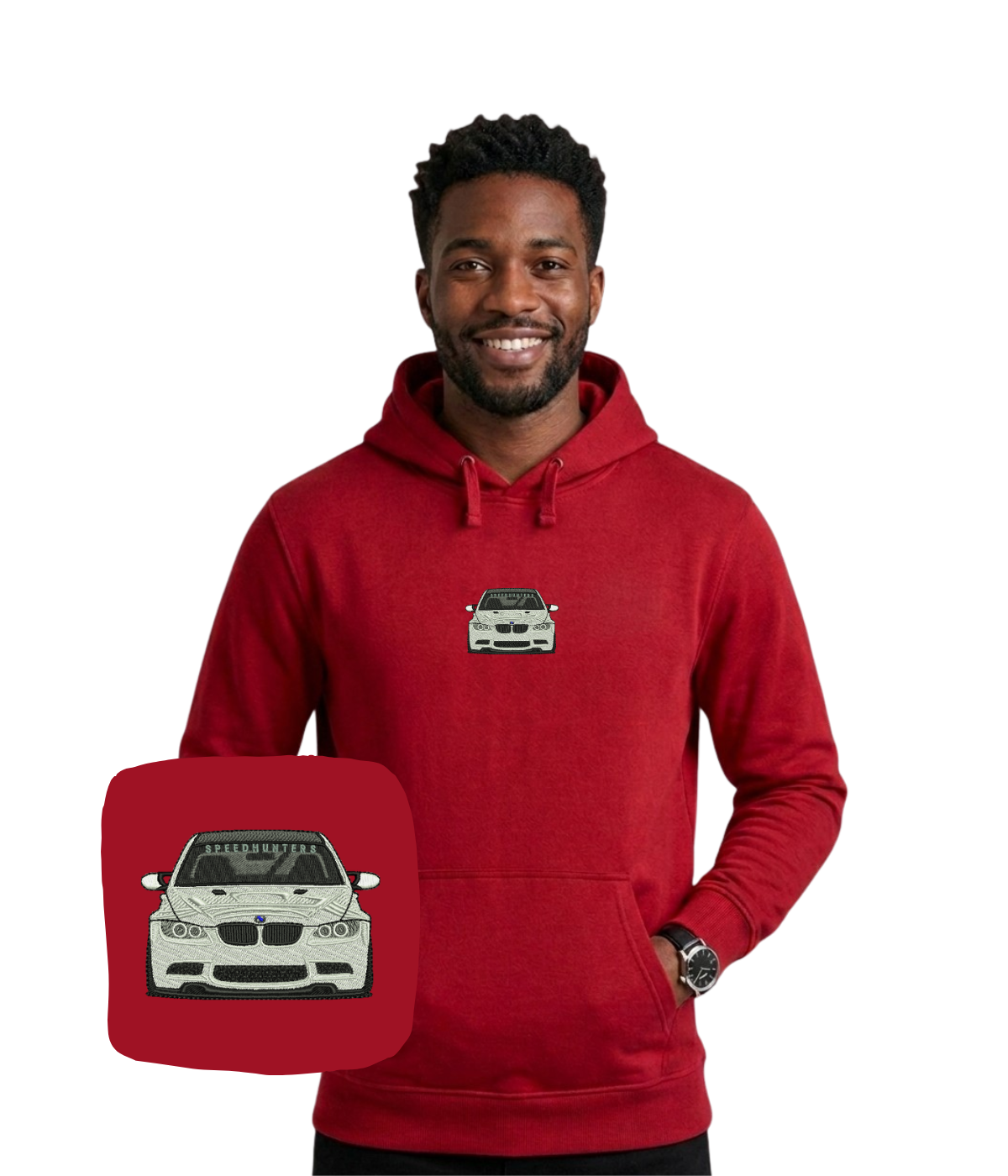 Blue BMW embroidered sweatshirt from CustomClothes.pl with detailed auto-themed embroidery on the front.