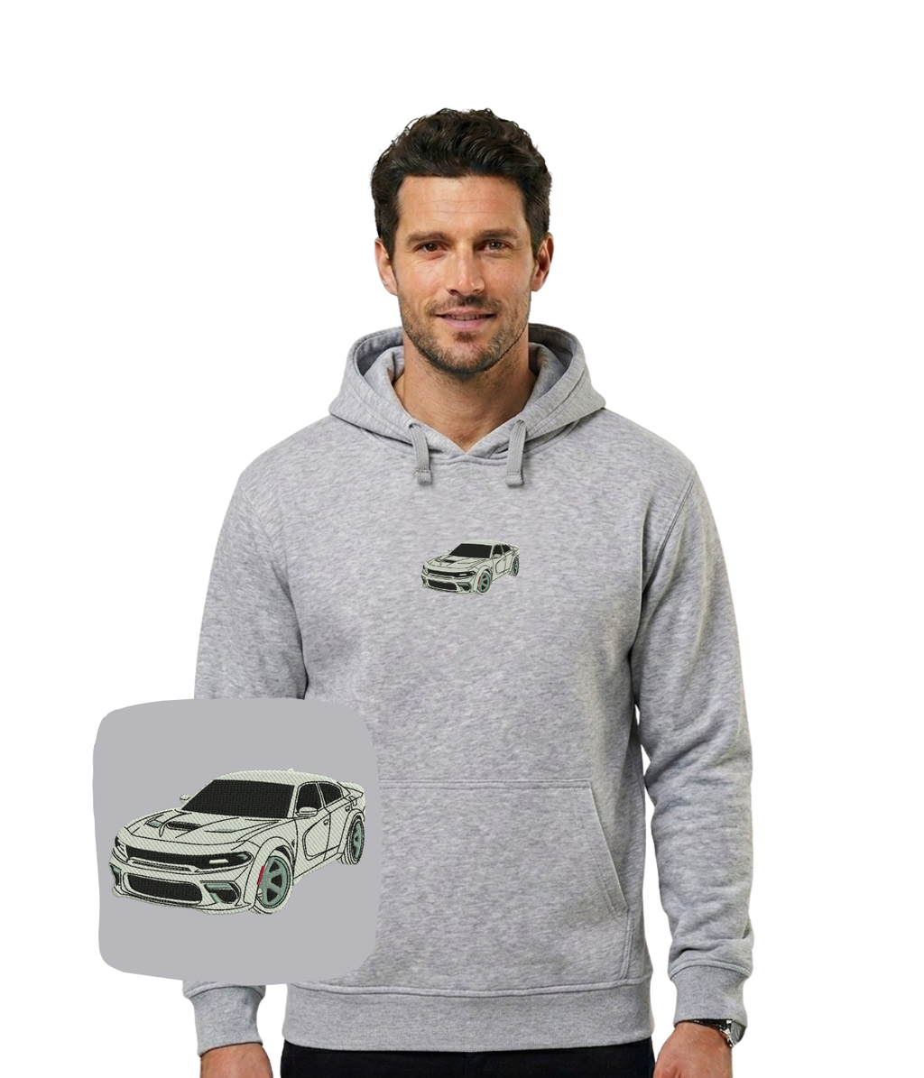 CustomClothes.pl Dodge Charger hoodie with embroidered car design, soft fabric, and casual fit, displayed on a plain background.