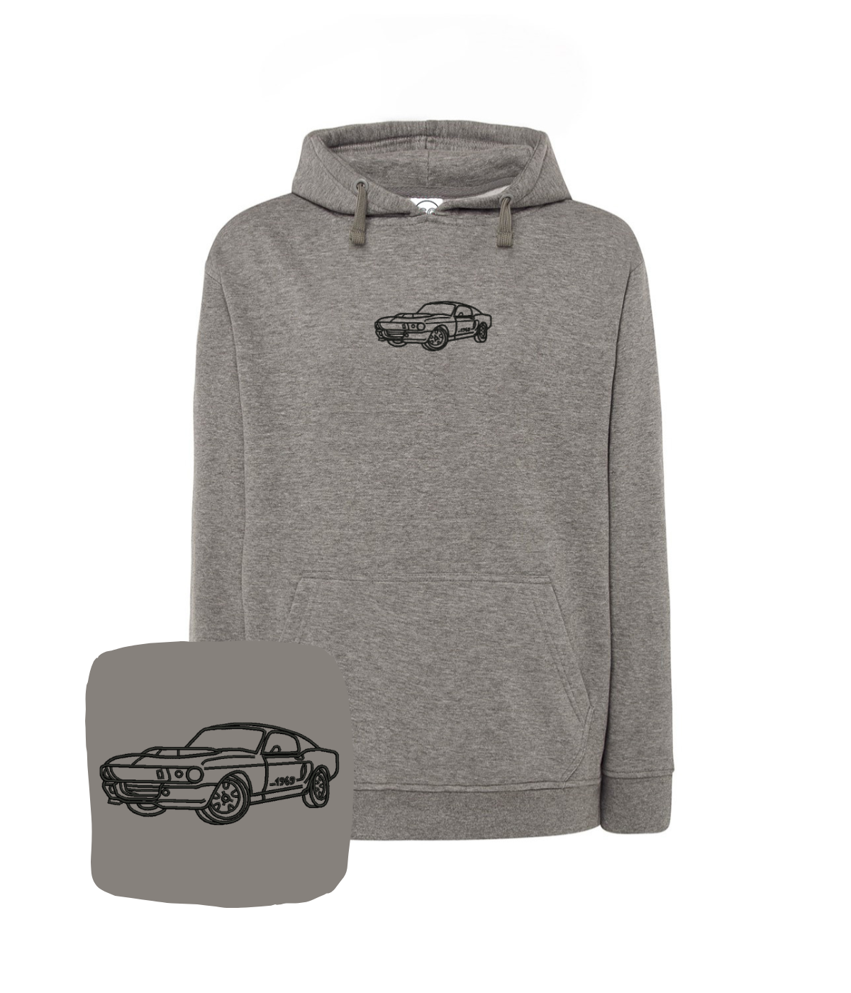 CustomClothes.pl blue hoodie with embroidered mustang outline design, casual sweatshirt with detailed embroidery.