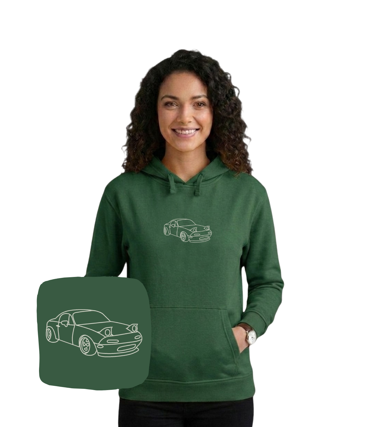 Blue hoodie with embroidered Miata logo from CustomClothes.pl, featuring detailed stitching and a casual fit.