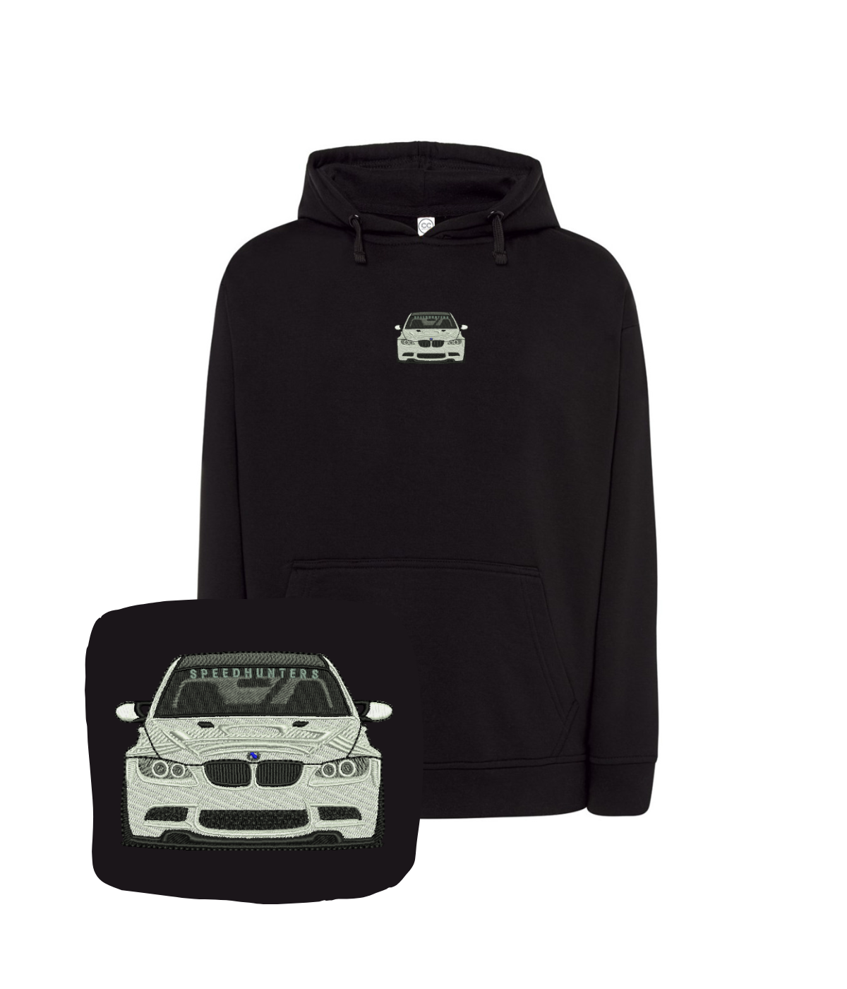 Black hoodie with BMW embroidery from CustomClothes.pl, featuring a front zipper and detailed car design.