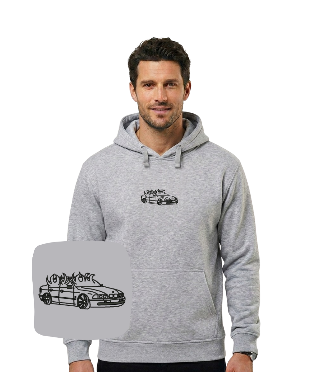 Black hoodie with embroidered burning E46 BMW logo from CustomClothes.pl, featuring detailed flame design on the chest.