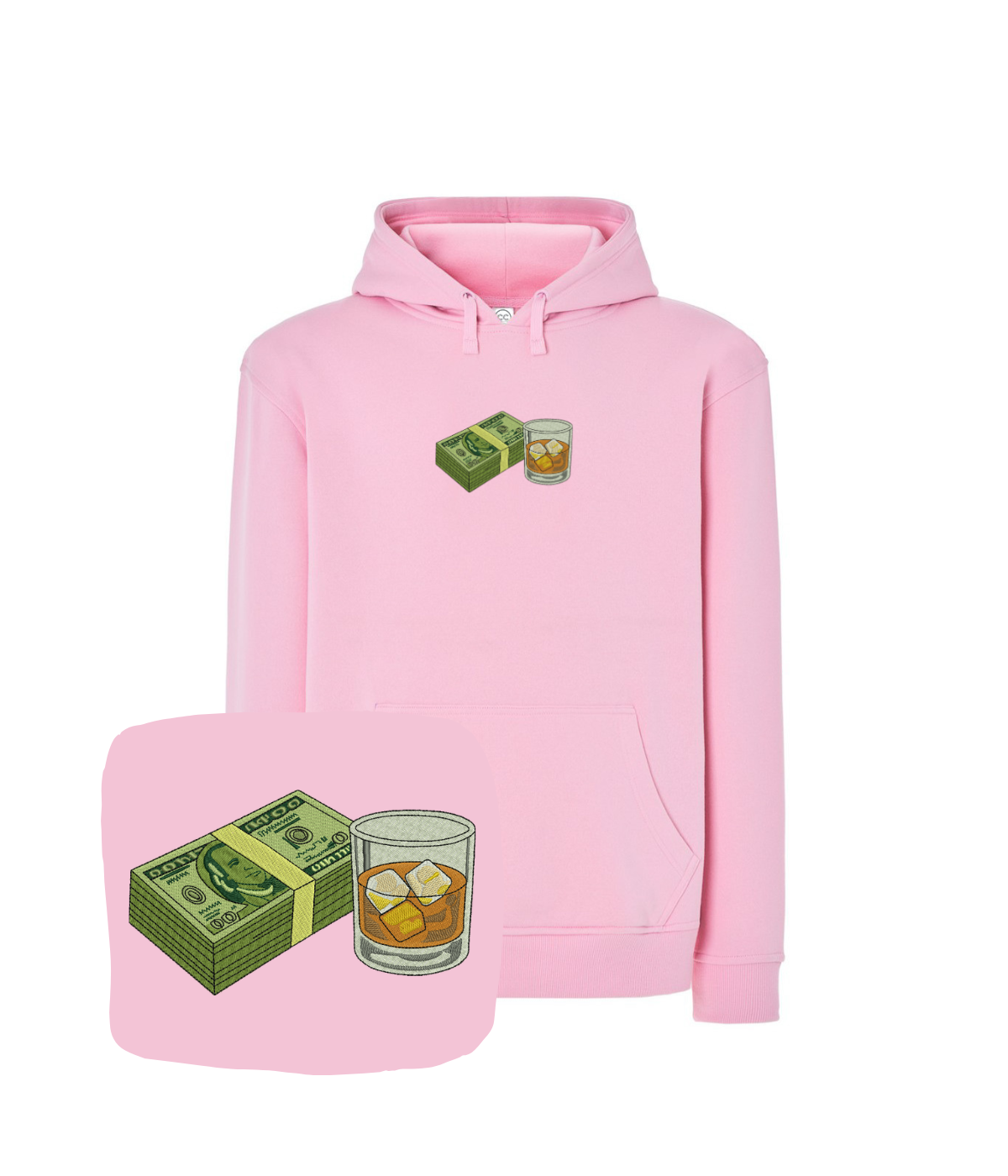 Blue hoodie with embroidered banknotes and whiskey design, featuring detailed needlework and casual fit by CustomClothes.pl