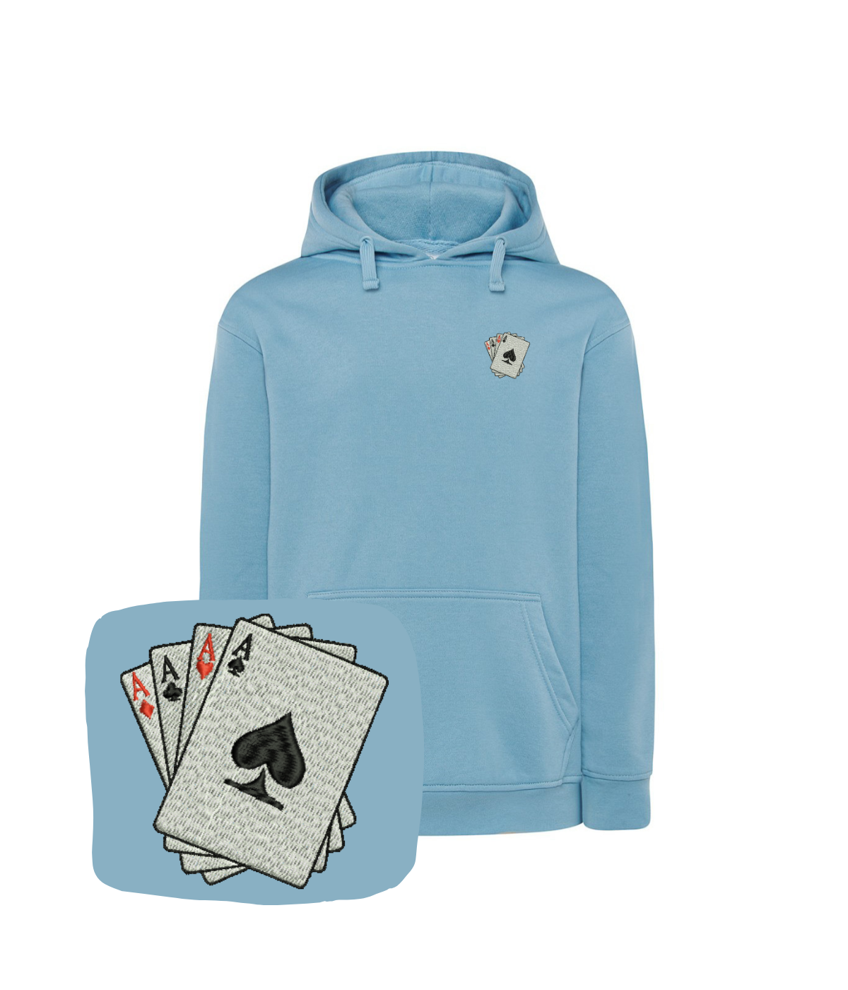 Blue hoodie with embroidered card game symbols, designed by CustomClothes.pl, featuring detailed embroidery on the front.
