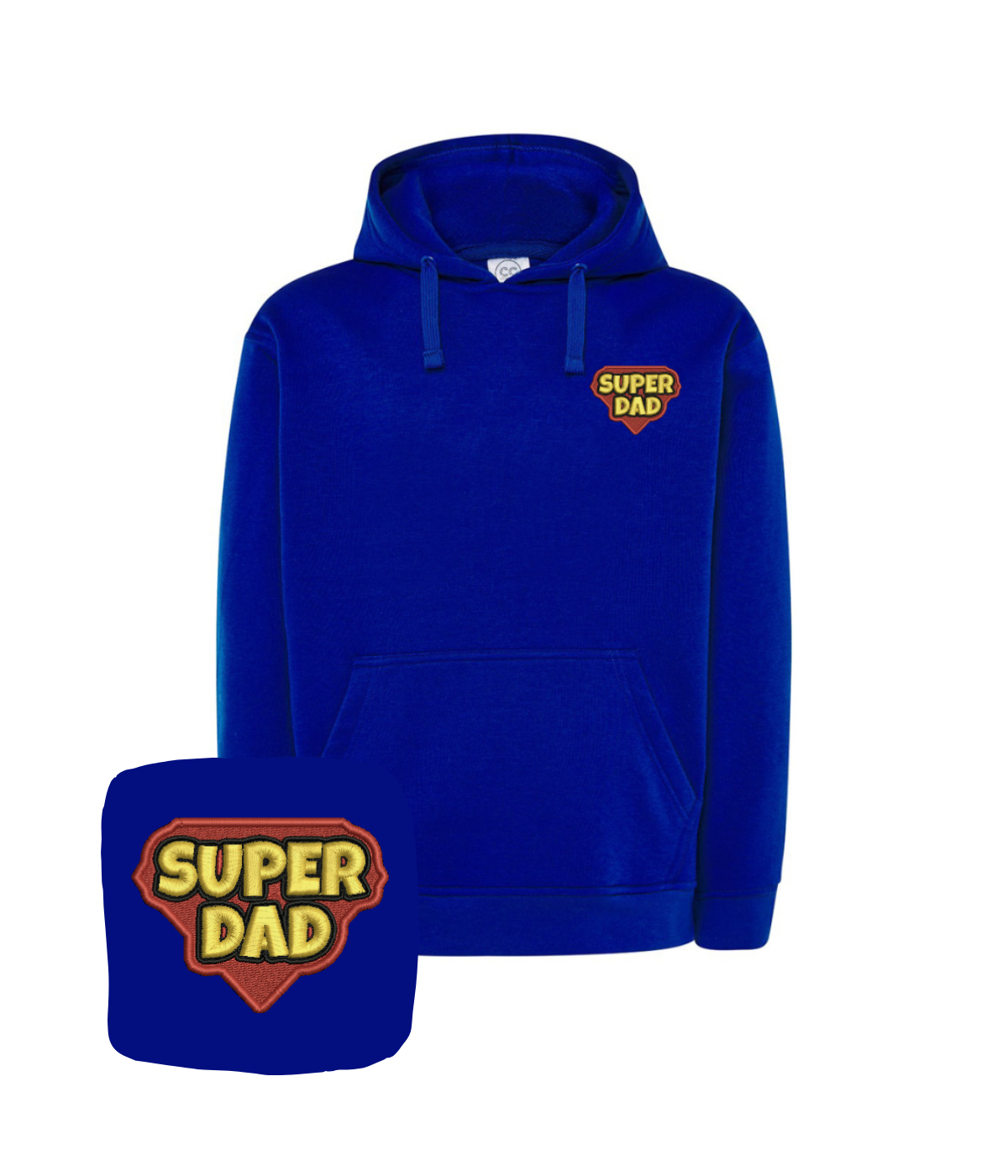CustomClothes.pl blue hoodie with embroidered "Super Dad" for fathers, featuring detailed embroidery and comfortable fit.