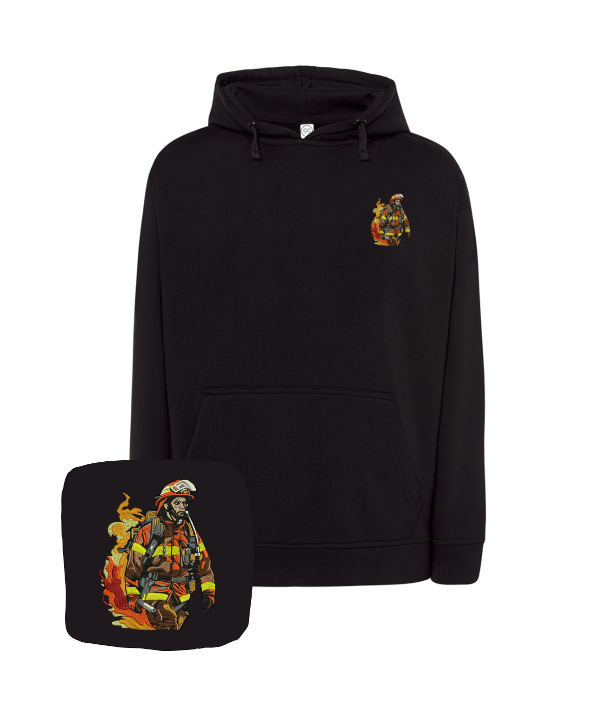 Blue sweatshirt with firefighter embroidery on the chest, featuring detailed fireman design, from CustomClothes.pl.