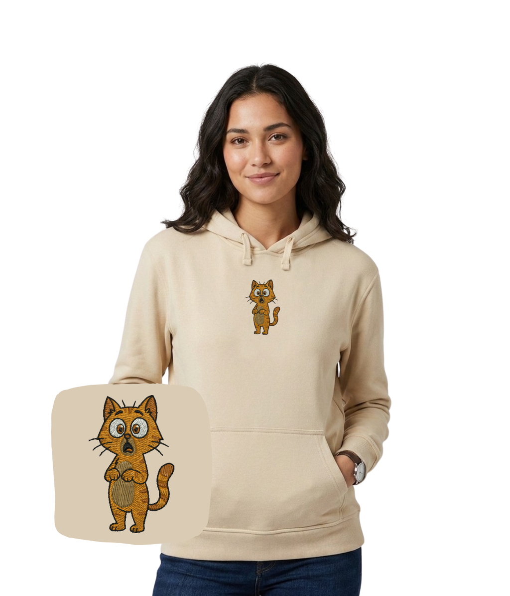 Pink sweatshirt with embroidered orange cat design from CustomClothes.pl, featuring a cozy fit and detailed feline embroidery.