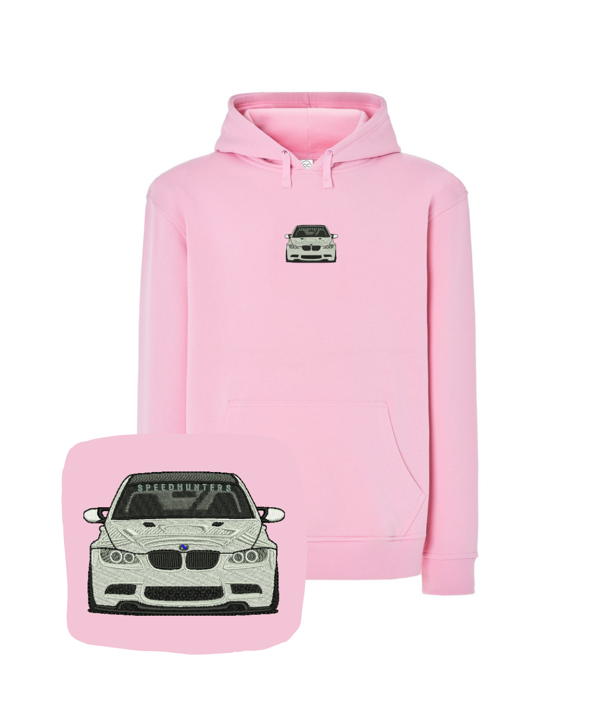 Blue hoodie with BMW embroidery, casual style, made by CustomClothes.pl, featuring detailed stitched logo design.