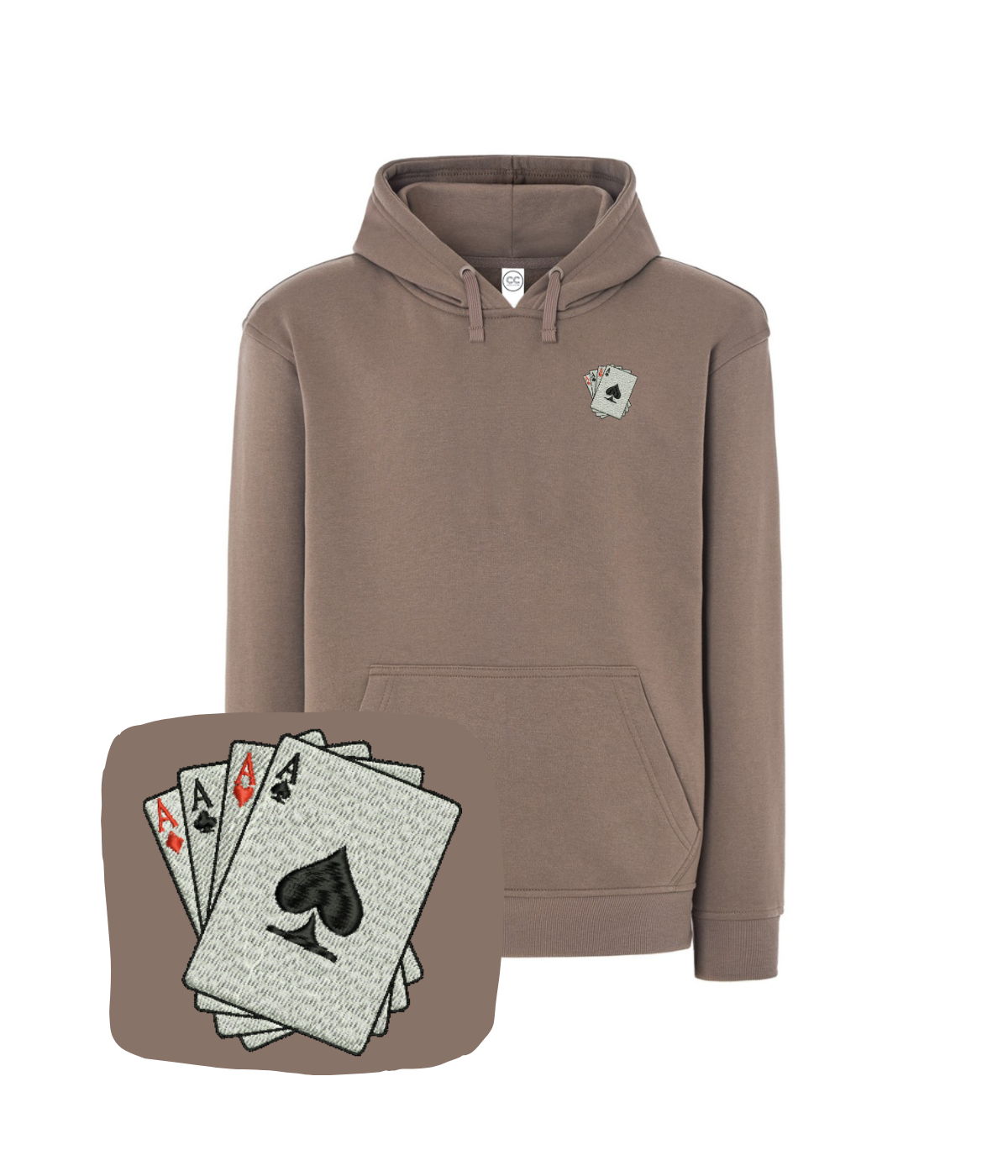 CustomClothes.pl blue sweatshirt with embroidered card game motif, casual style, featuring detailed embroidery design.