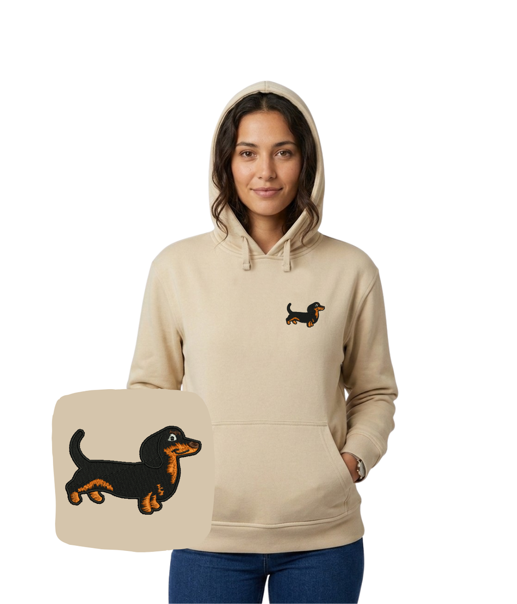 Blue hoodie with embroidered dachshund design from CustomClothes.pl, showcasing detailed stitching and casual fit.