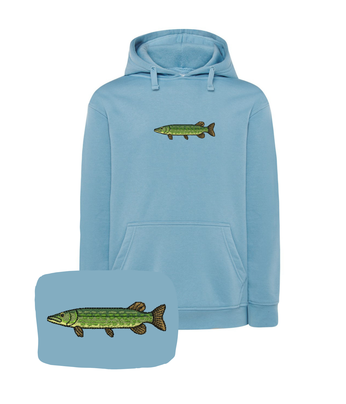 Blue sweatshirt with a detailed fish embroidery from CustomClothes.pl, showcasing intricate stitching and a casual fit.