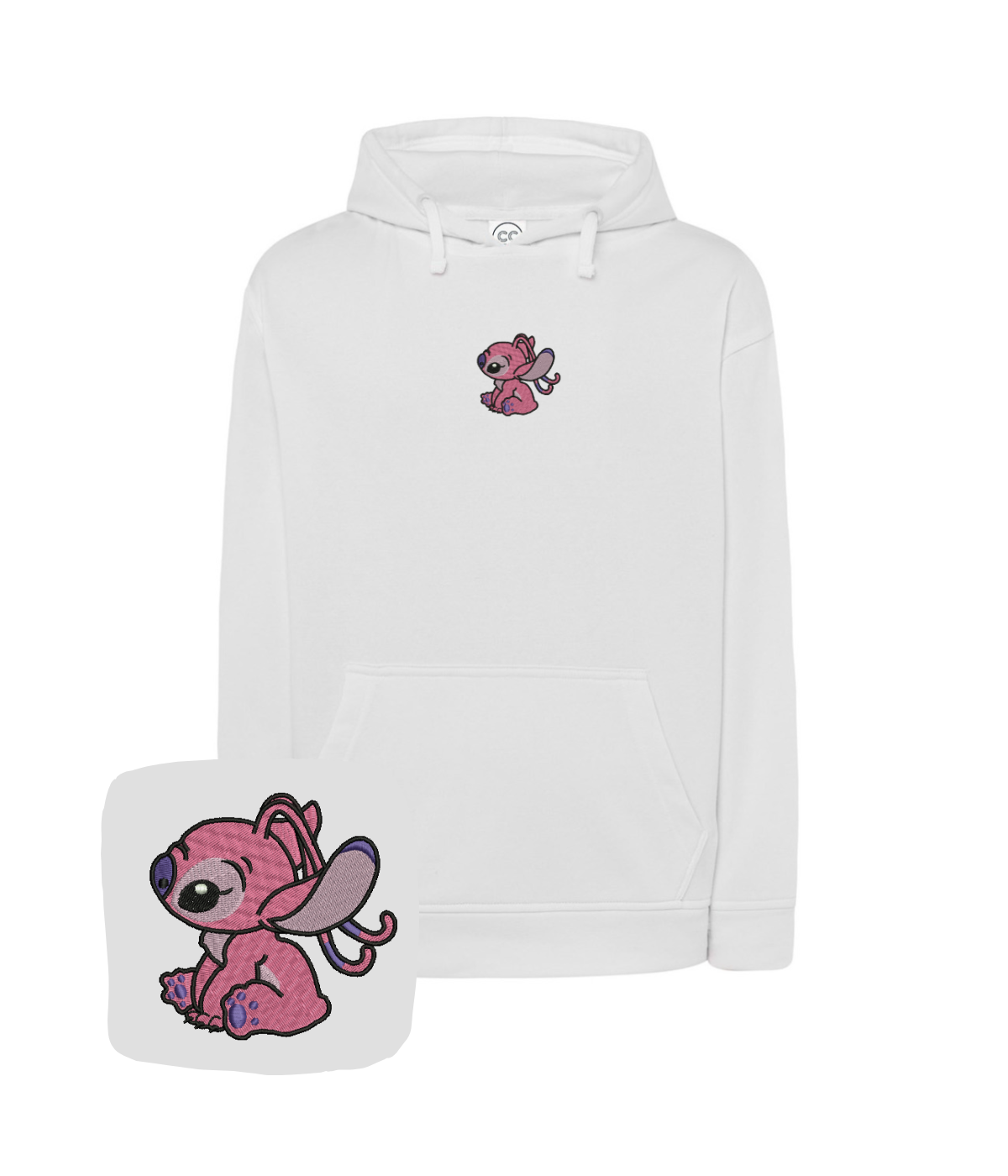 Beige custom hoodie with embroidered angel initials, casual style, long sleeves, and front pocket.