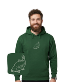 Blue hoodie with embroidered carp outline design, made by CustomClothes.pl, shown with front view and detailed embroidery.