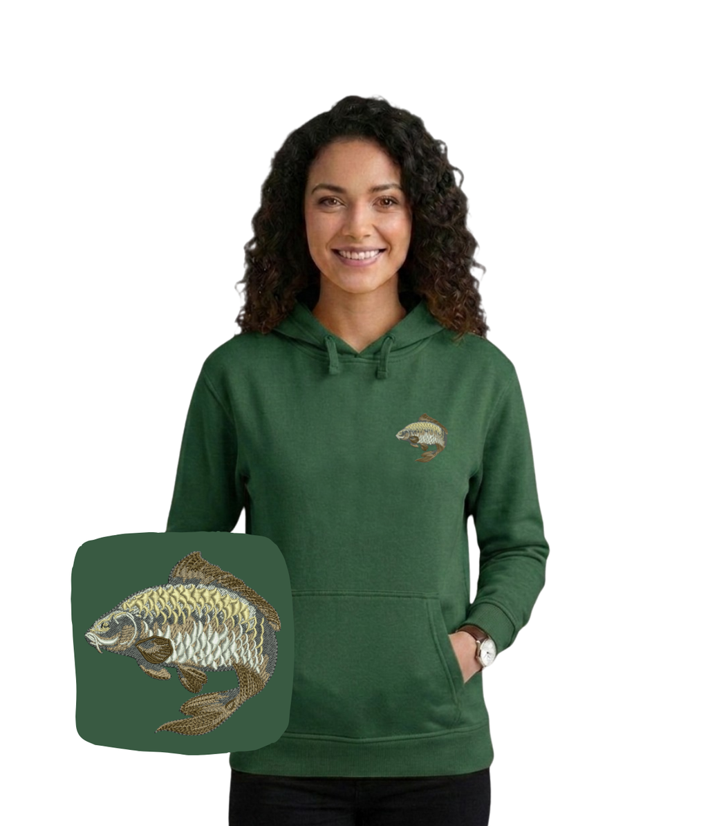 Blue hoodie with embroidered carp design, casual sweatshirt from CustomClothes.pl featuring detailed fish embroidery.