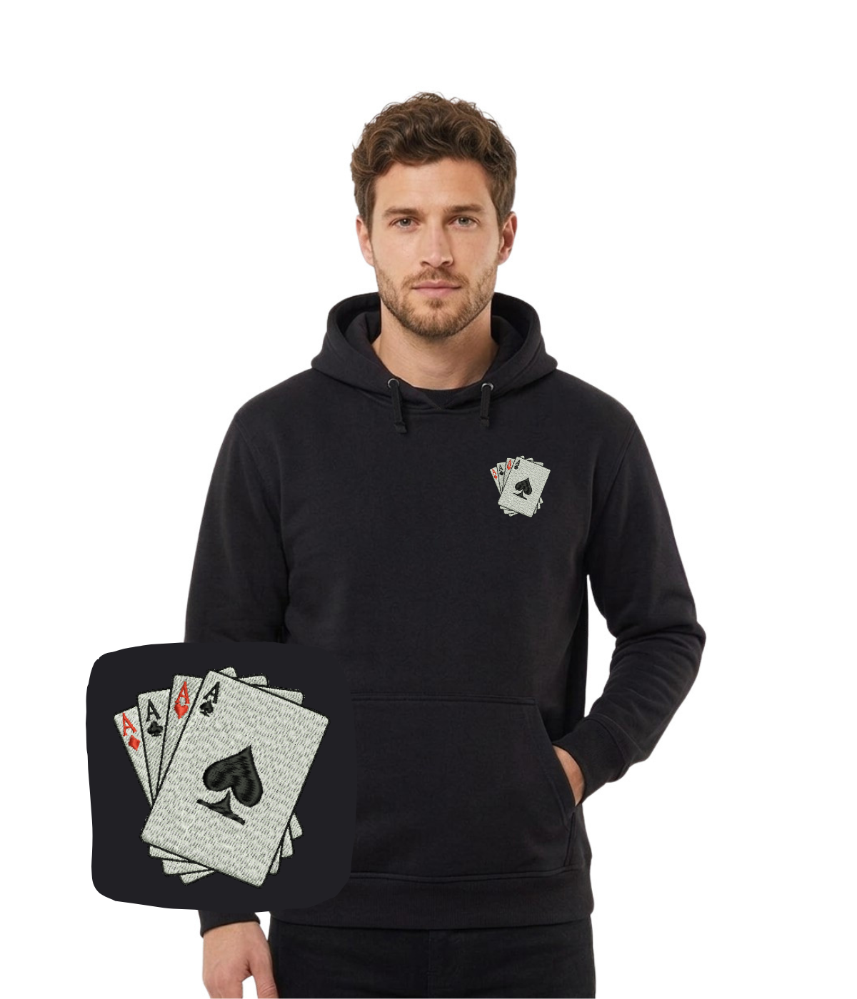 Blue hoodie with embroidered card motifs from CustomClothes.pl, featuring detailed card designs on the front.
