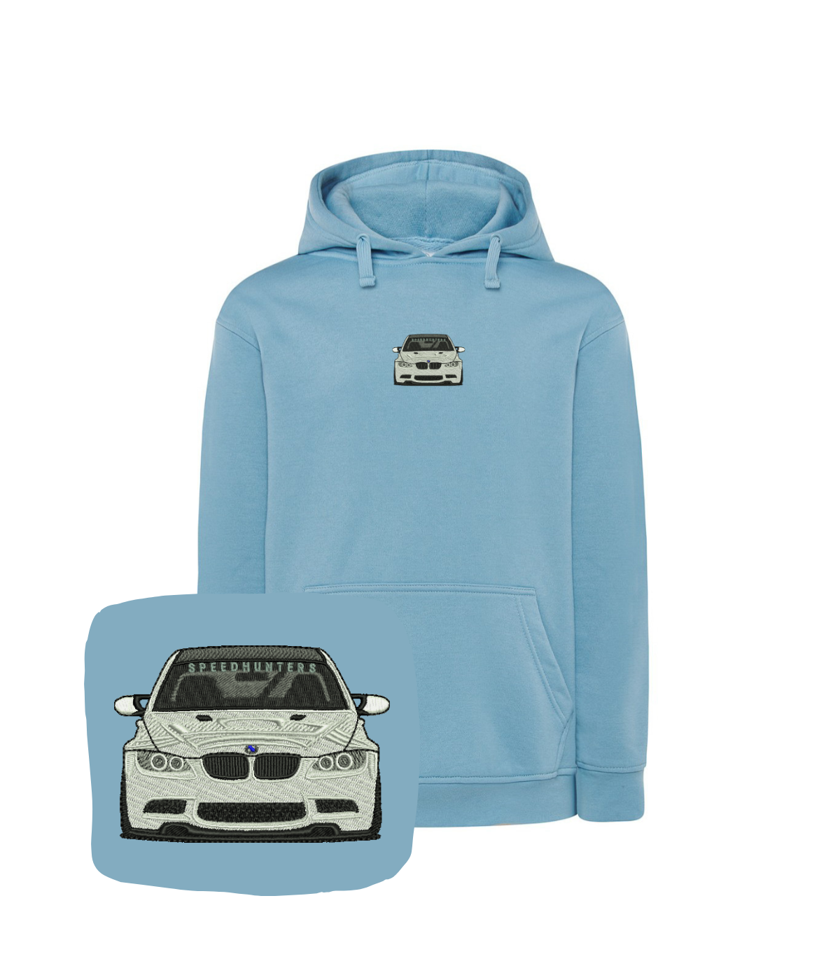 CustomClothes.pl BMW embroidered sweatshirt showcasing detailed embroidery on a comfortable blue hoodie.