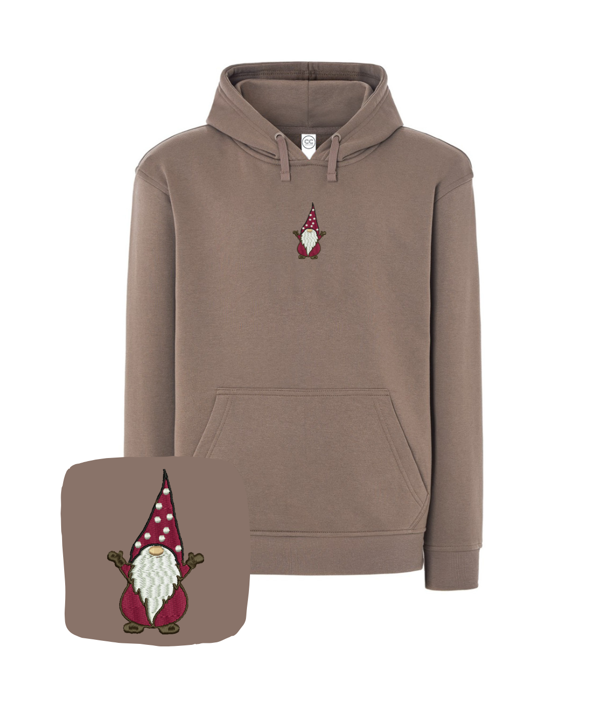 Blue hoodie with embroidered gnome design from CustomClothes.pl, featuring a cozy fit and detailed gnome embroidery.