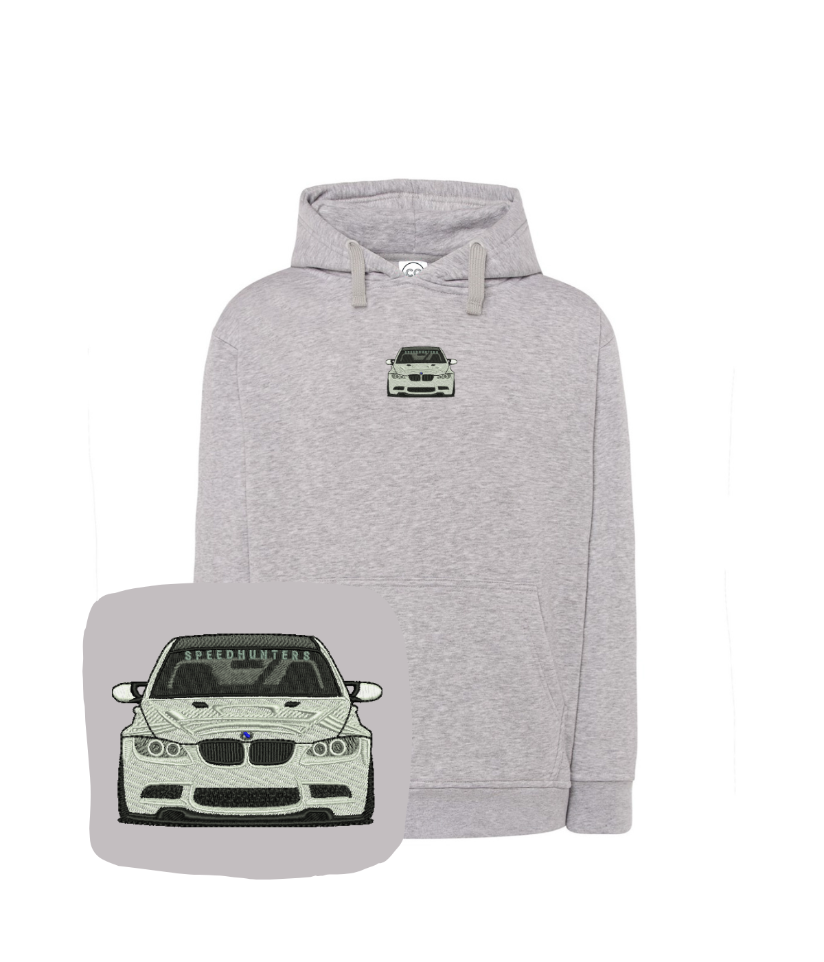 CustomClothes.pl embroidered BMW sweatshirt featuring a detailed automotive design on soft fabric.