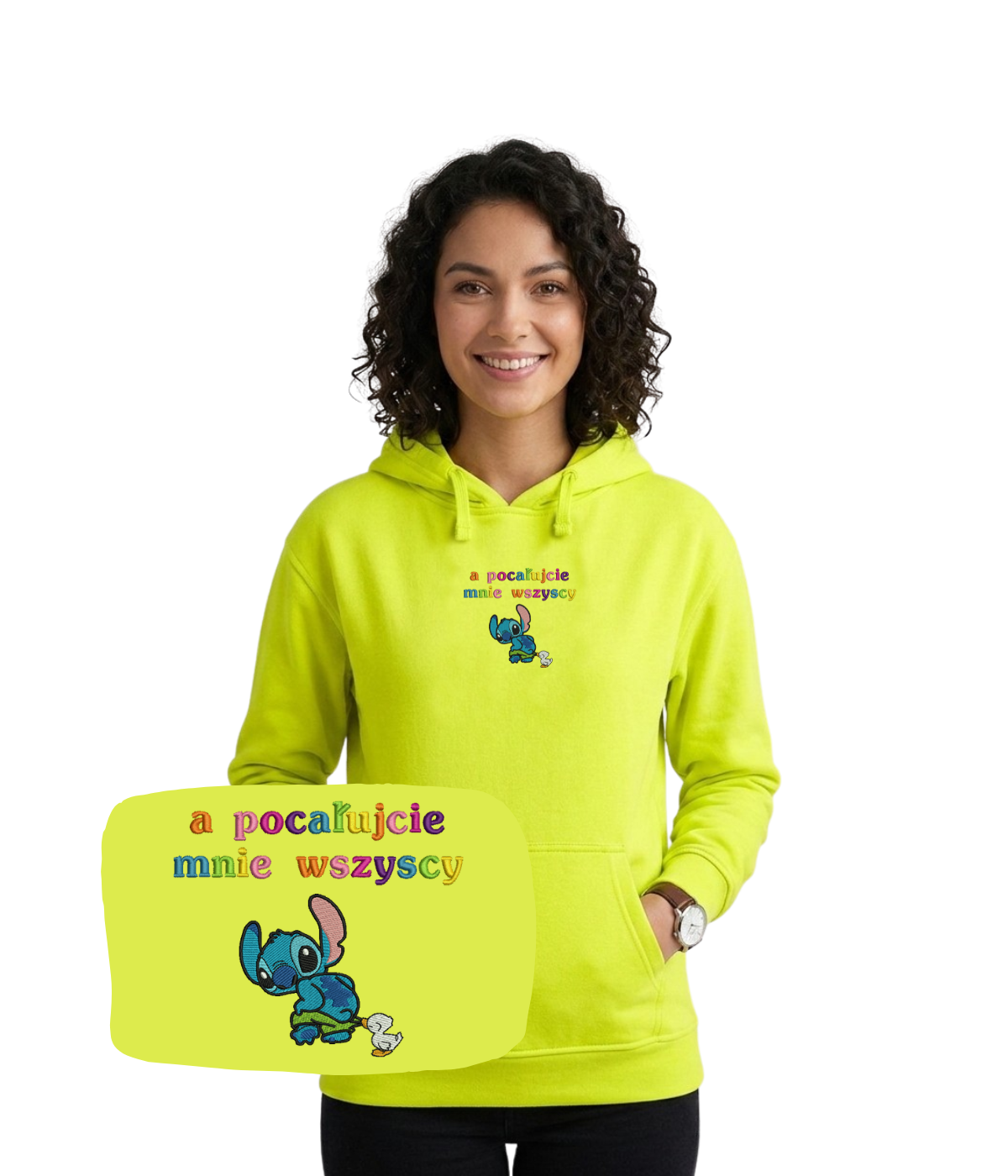 CustomClothes.pl blue hoodie with embroidered slogan "A pocałujcie mnie wszyscy" in bold text, casual streetwear style.