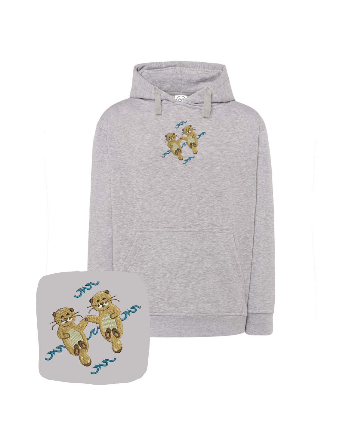 CustomClothes.pl blue hoodie with embroidered child's drawing design, showcasing colorful embroidery on soft fabric.