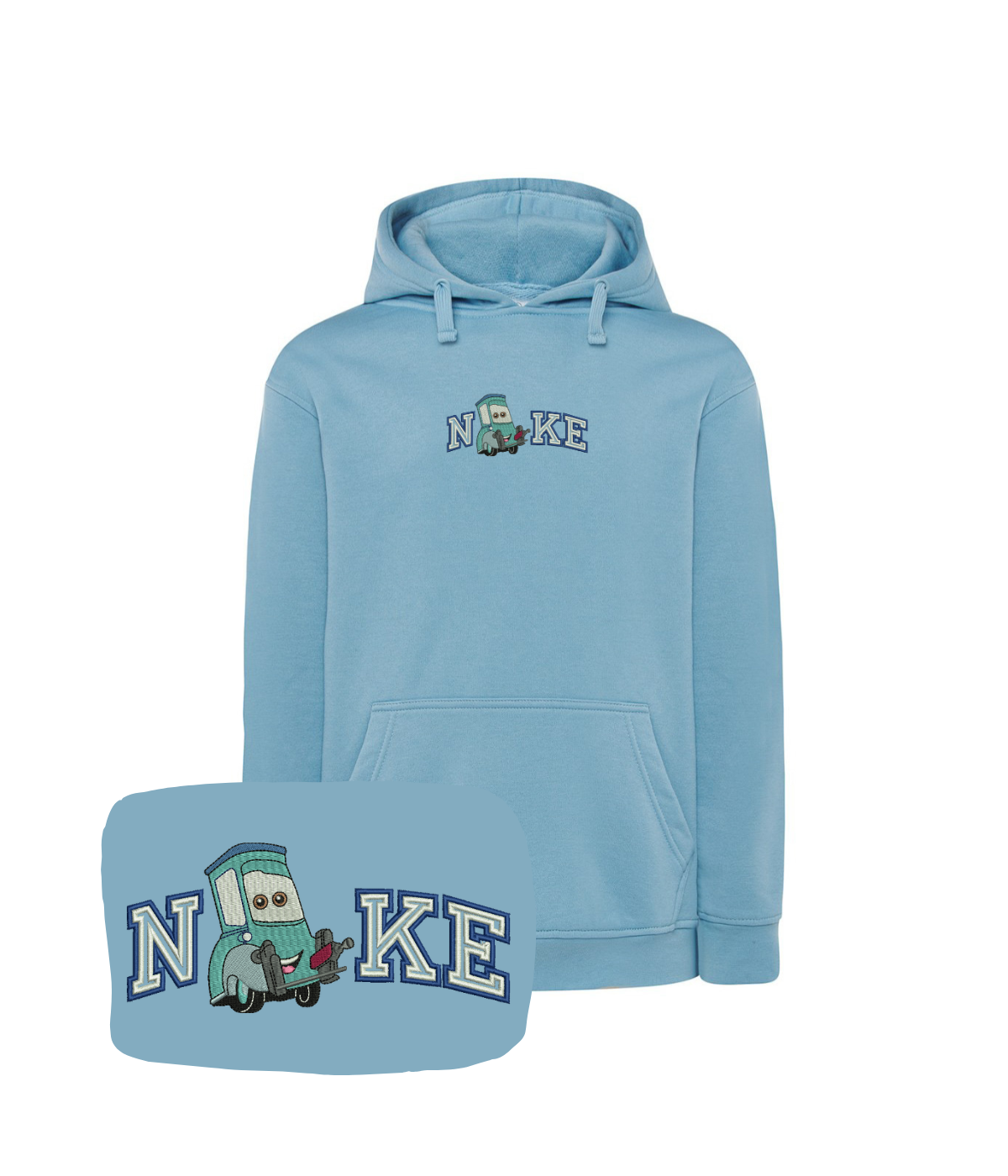 CustomClothes.pl blue hoodie with embroidered Guido logo and printed text, featuring a casual design and detailed stitching.