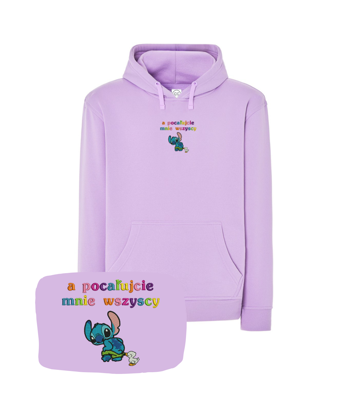 Beige CustomClothes.pl hoodie with embroidered text "a pocałujcie mnie wszyscy" on front, casual streetwear style.