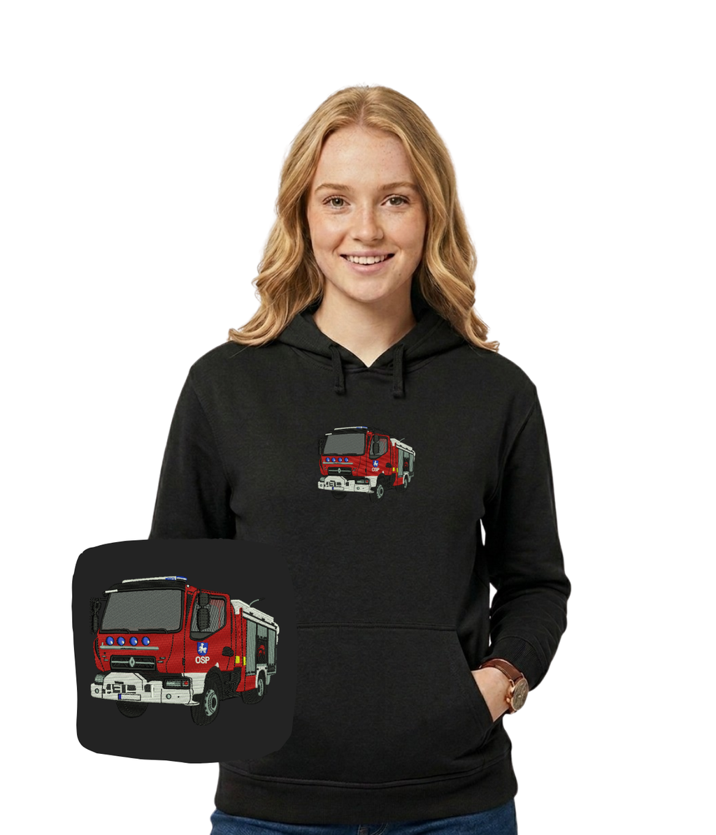 Firefighter emblem embroidered on a blue firefighter-themed sweatshirt from CustomClothes.pl.