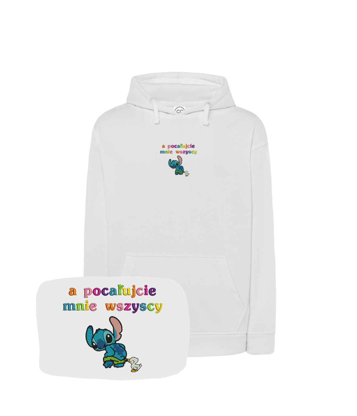 Blue hoodie with embroidered humorous text "A pocałujcie mnie wszyscy" from CustomClothes.pl, featuring casual style and detailed embroidery.